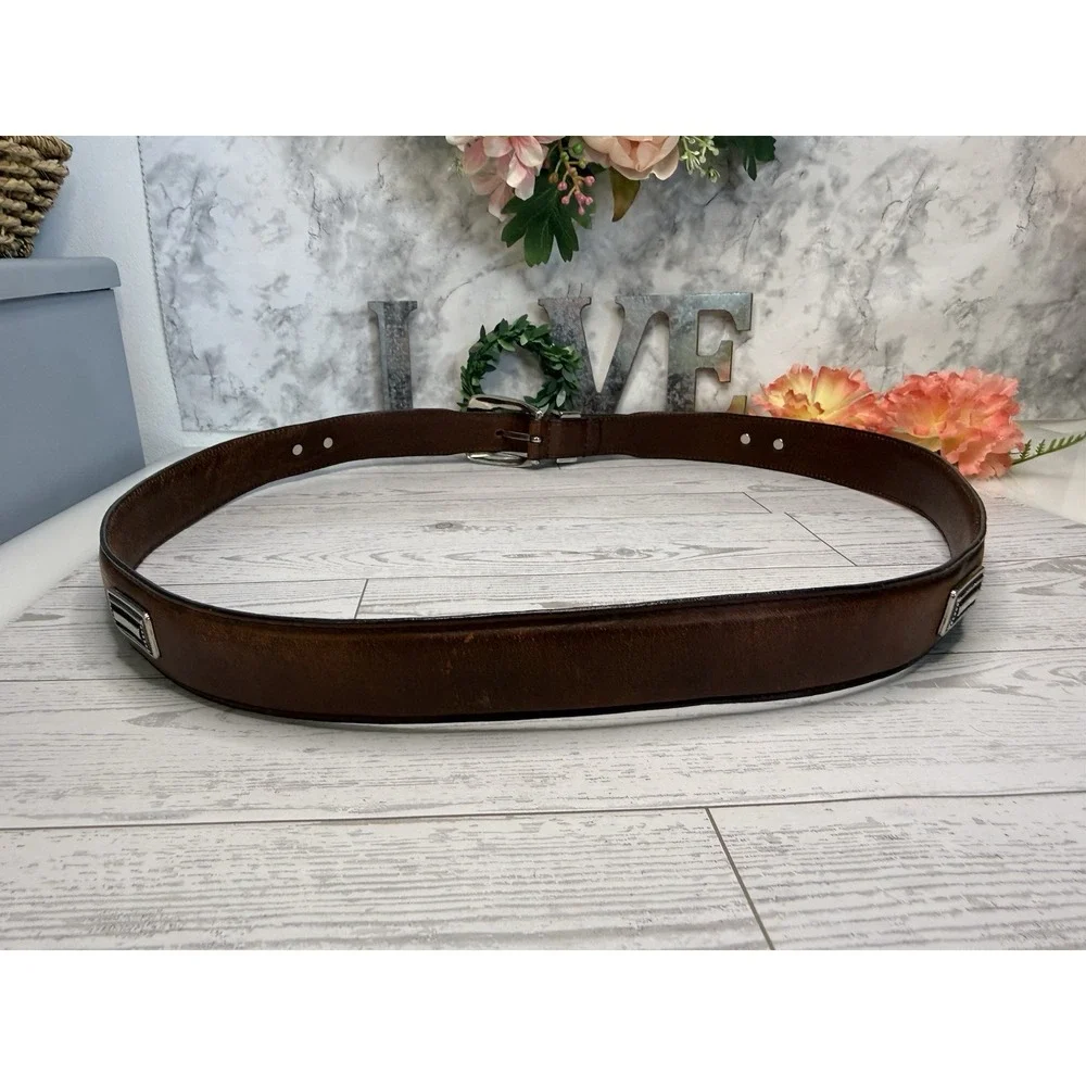 Vintage Brown Silver Tone Buckle Mens Belt Top Grain Leather Size 42 Fits to 44
